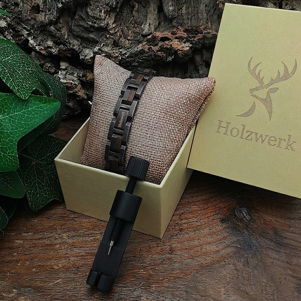 Holzwerk ALLERSEE anthrazit-braunes Holz Armband aus Walnussholz und Edelstahl, in Holzwerk Uhrenbox