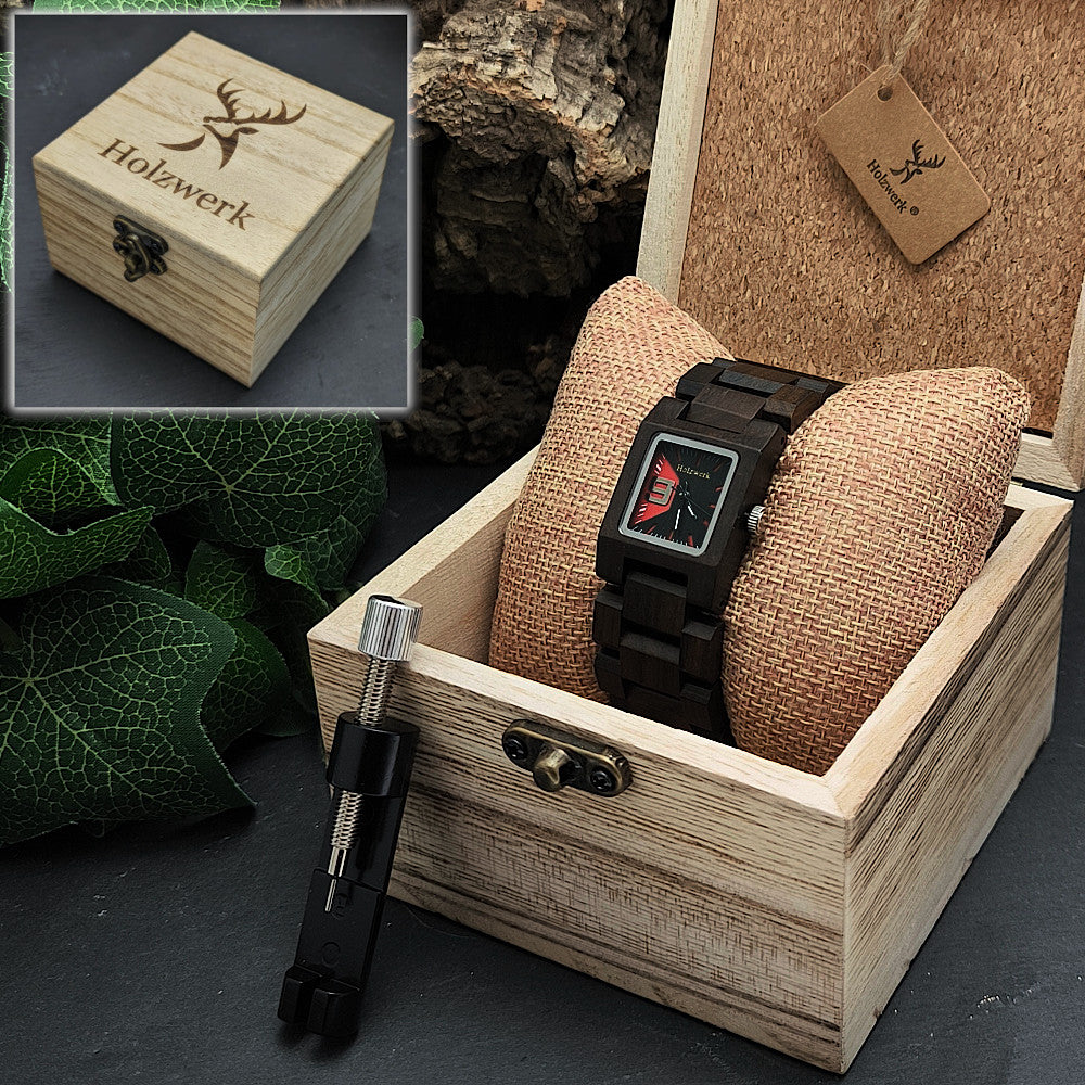Holzwerk ELDINGEN Armbanduhr aus braune,mHolz mit eckigem Gehäuse und schwarz-rotem Zifferblatt, in Holzwerk Uhrenbox