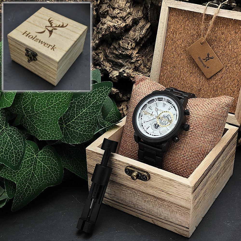 Holzwerk BRUCHSAL Damen und Herren Chronographen Uhr mit Datum und offenem Uhrwerk, weißem Zifferblatt in Holzwerk Verpackung