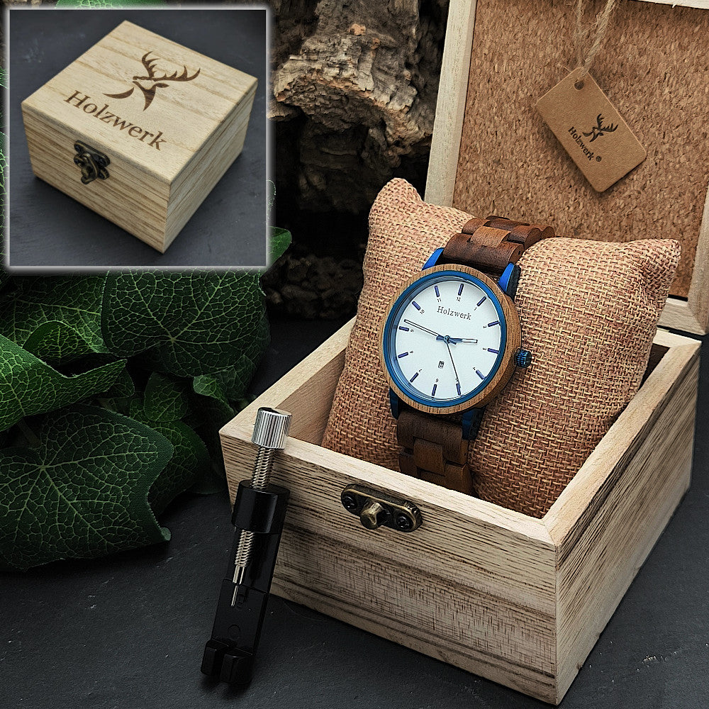 Holzwerk GARDING Unisex- Uhr mit metallic blau-braunem Edelstahl-Holzgehäuse und weiß-blauem Ziffernblatt mit Datum in Uhrenbox