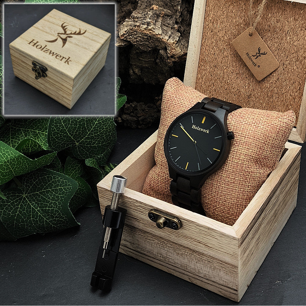 Holzwerk ERKNER elegante Unisex Uhr aus Holz mit schwarz gelbem Ziffernblatt und Holzarmband in Holzwerk Verpackung
