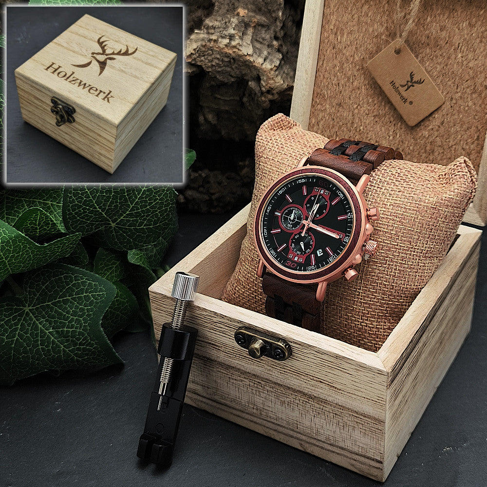 Holzwerk BELGERN Chronographen Uhr mit roségold-braunem Gehäuse, schwarz-rotem Ziffernblatt mit Stoppuhr & Datum in Uhrenbox
