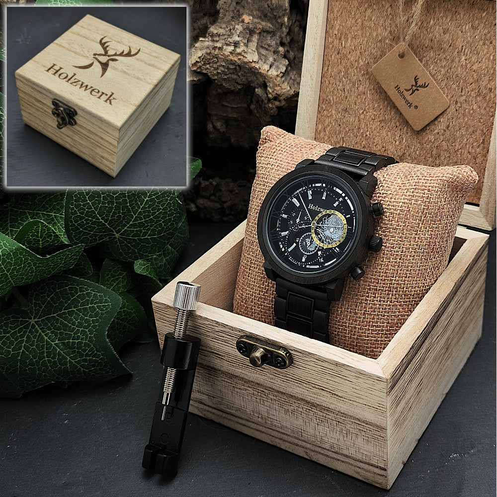 Holzwerk BRAMSCHE Chronographen-Uhr mit schwarzem Gehäuse und ausgefallenem Ziffernblatt in Holzwerk Verpackung