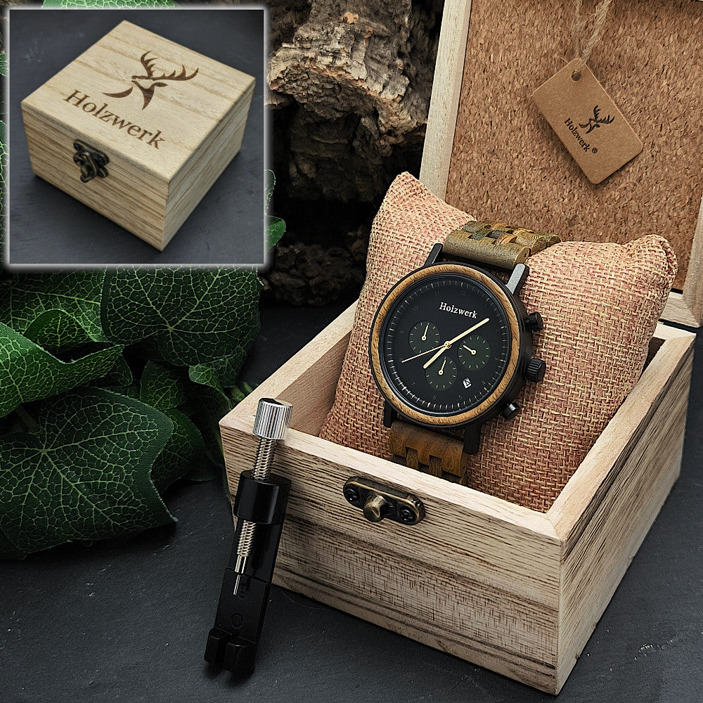 Holzwerk BERGHEIM Herren-Uhr aus Holz und Edelstahl mit 3 Chonographen und schwarzem Ziffernblatt und Datum in Uhrenbox