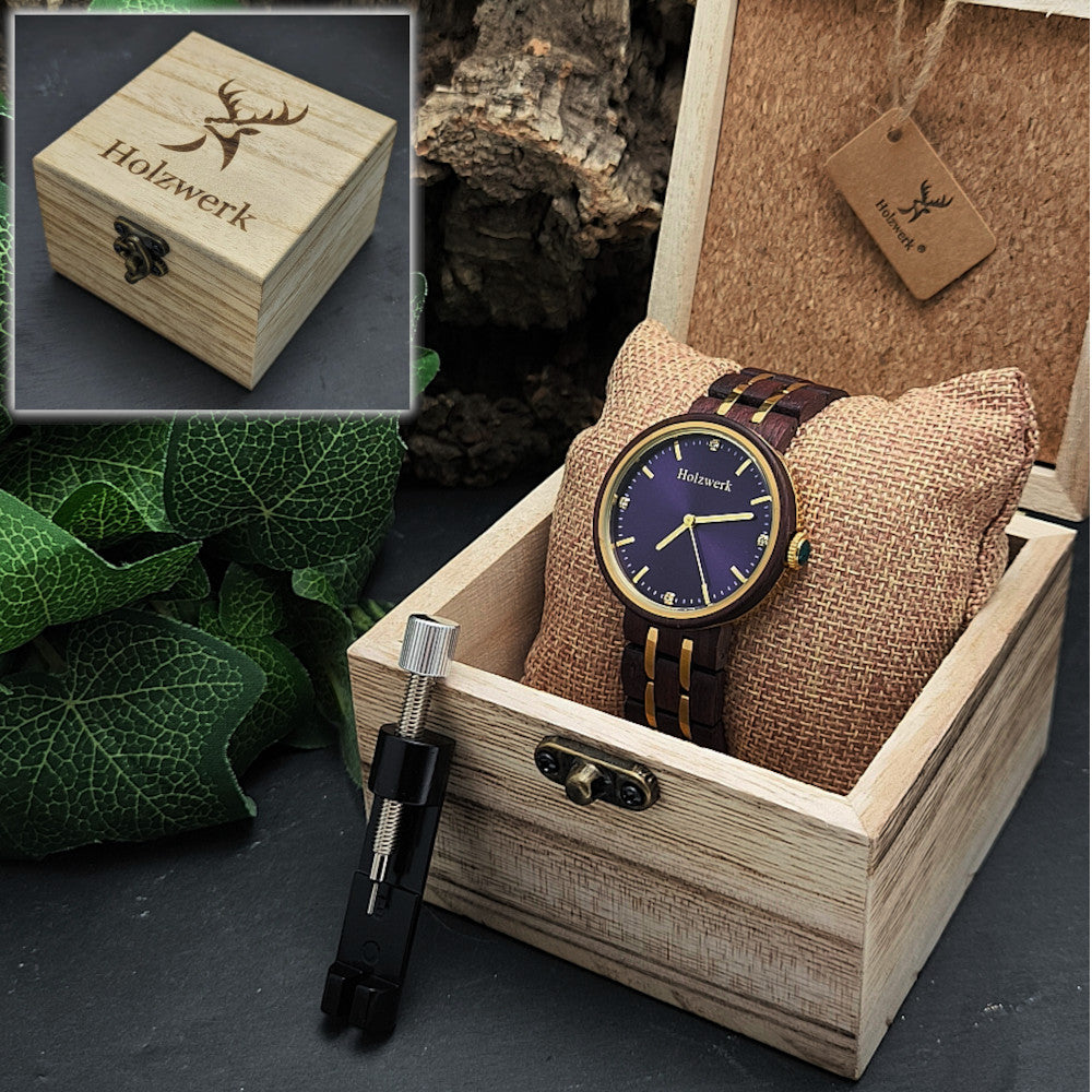 Holzwerk MARLOW Damenuhr mit Edelstahl-Holzgehäuse in Gold und Lila sowie lila-goldenem Ziffernblatt in Holzwerk Uhrenbox