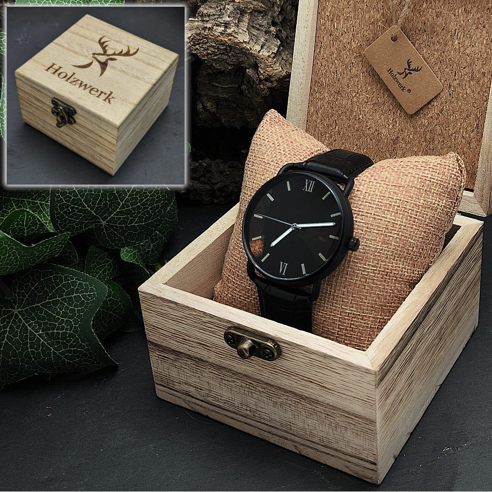 Holzwerk DREBKAU Unisex Leder Armbanduhr mit Epoxidharz Ziffernblatt in braun und schwarz und römischen Ziffern in Uhrenbox