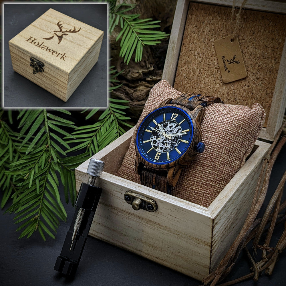 Holzwerk CRIVITZ Automatik-Uhr mit blau, braunem Gehäuse sowie blau, goldenem Ziffernblatt mit offener Unruhe in Holzwerk Uhrenbox