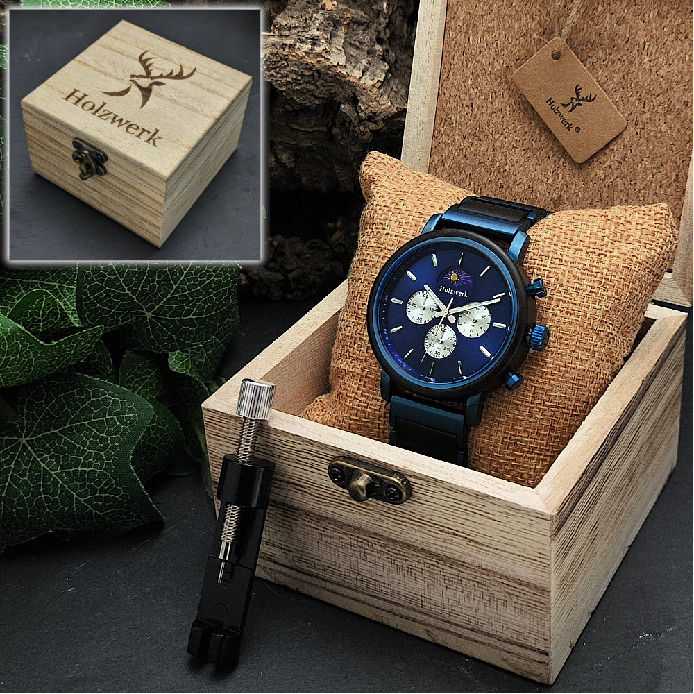 Holzwerk BARUTH Herren Armbanduhr mit Blau/Schwarzem Gehäuse und blau-silbernem Zifferblatt sowie 3 Chronographen, in Holzwerk Uhrenbox