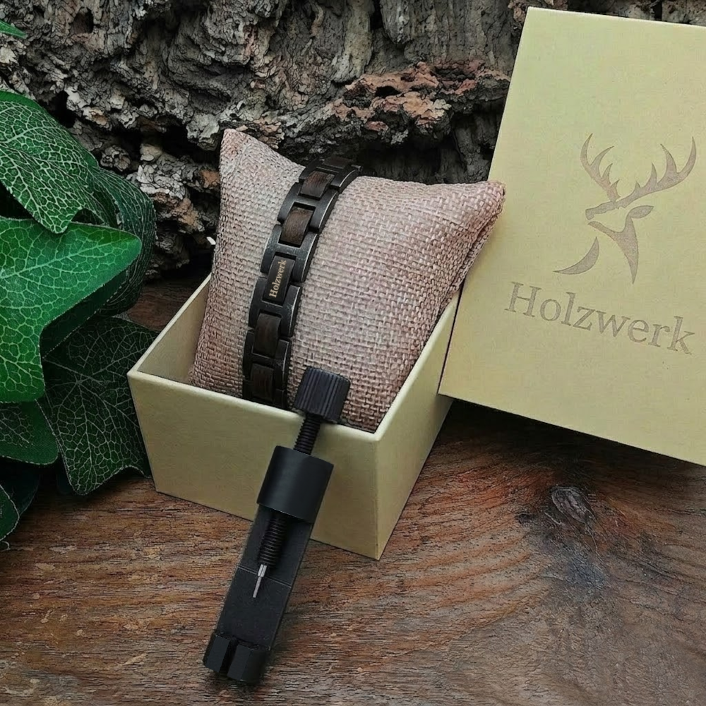 Holzwerk BALZSEE schwarz-braunes Holz Armband aus Ebonyholz und Edelstahl mit Gliederkonstruktion in Holzwerk Uhrenbox