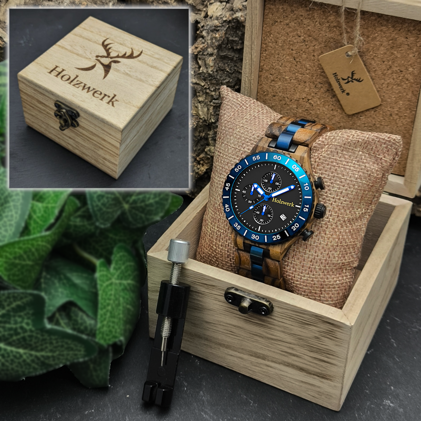 Holzwerk BERGEN Chronographen-Uhr aus Zebra-Holz mit Chronographen und Datumsanzeige, Detailaufnahme der Holzwerk Verpackung