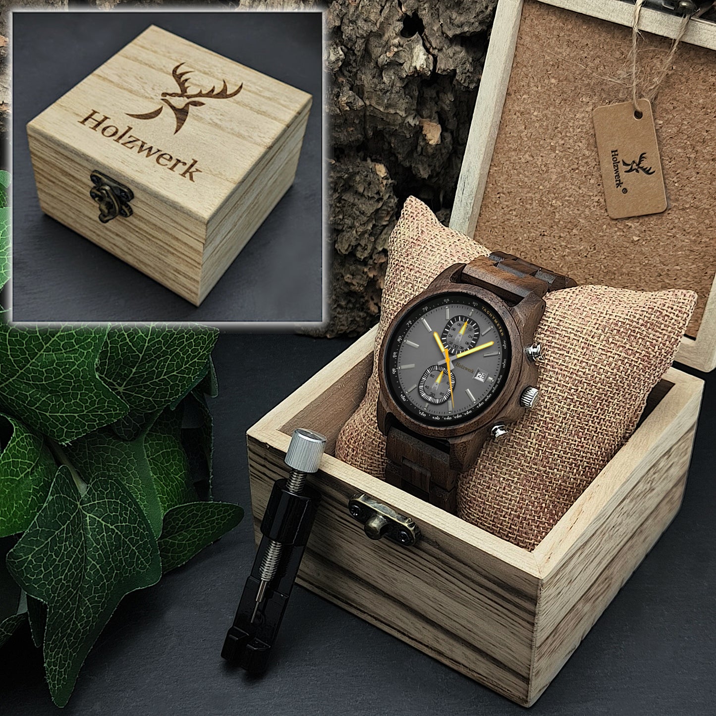 Holzwerk BERNBURG Chronographen-Uhr aus Holz mit zwei Chronographen und Datum in Holzwerk Verpackung mit Armbandkürzer
