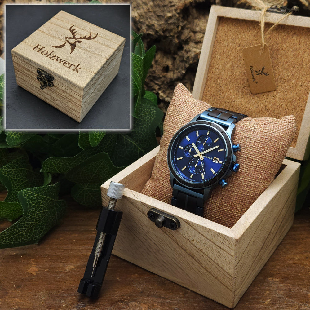 Holzwerk BLAUSTEIN Chronographen-Armbanduhr mit blau-schwarzem Gehäuse, blau-goldenem Zifferblatt, in Uhrenbox