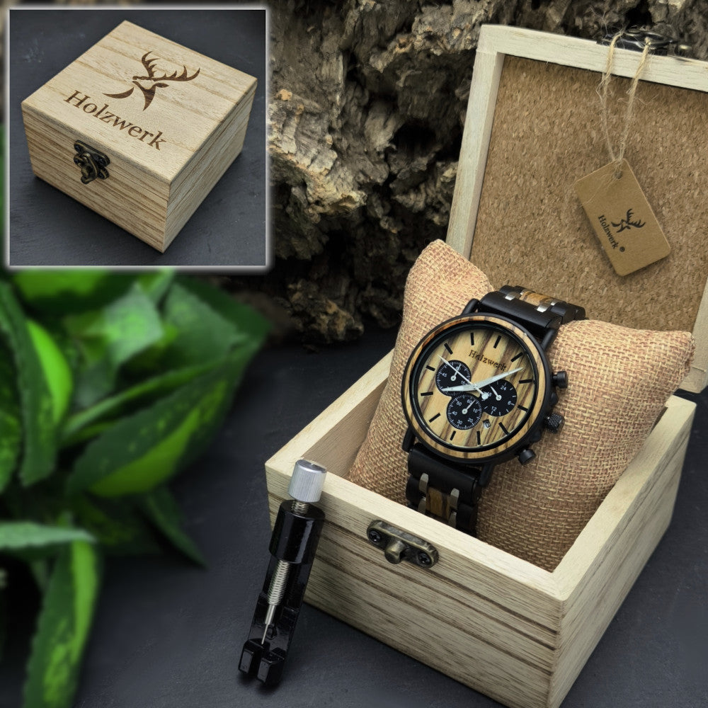Holzwerk BOCHOLT Herrenuhr mit Edelstahl-Holzgehäuse in Schwarz und Braun sowie Ziffernblatt mit Datum und 3 Chronographen in Holzwerk Uhrenbox
