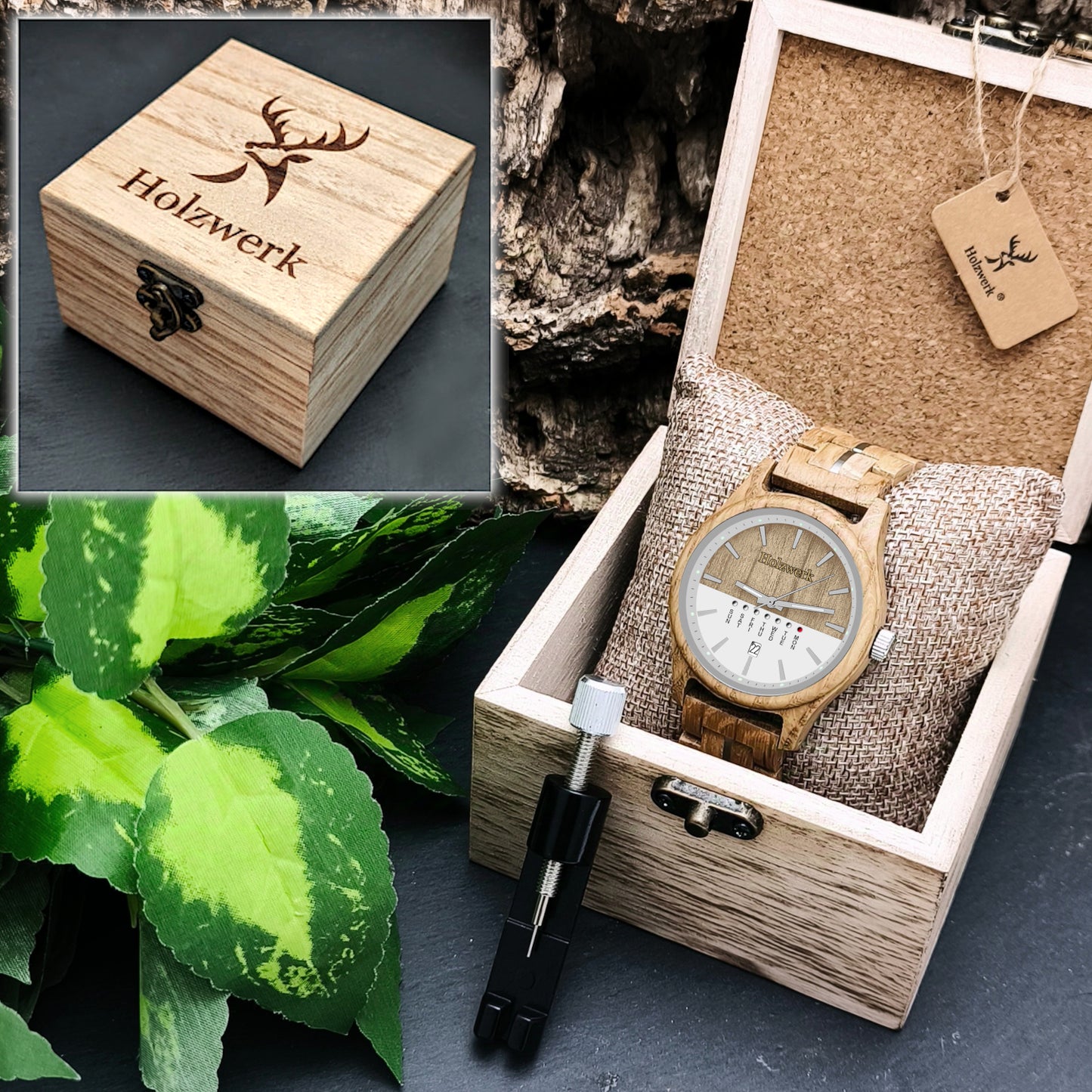 Holzwerk BONN Unisex-Quarz-Uhr aus Holz mit Datums- und Wochentagsanzeige in Holzwerk Verpackung mit Armbandkürzer