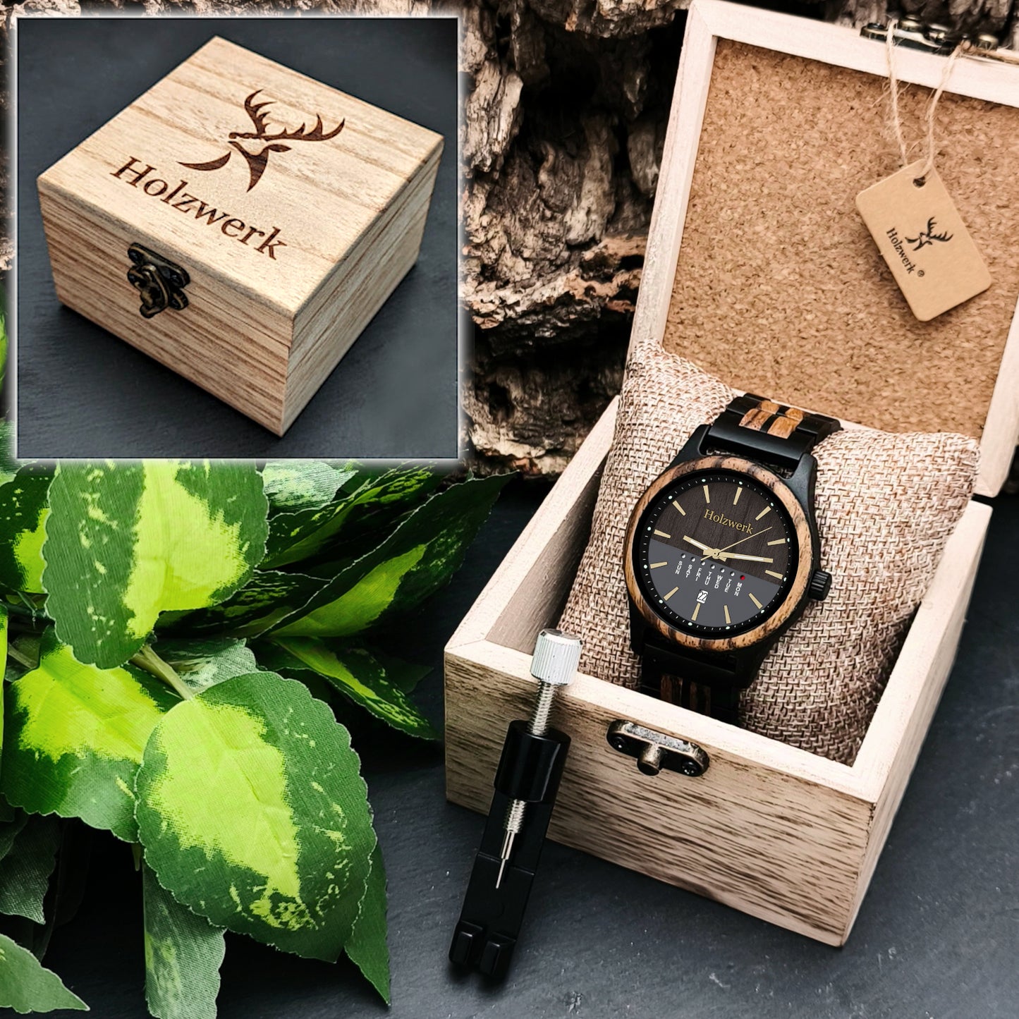 Holzwerk BREMEN Unisex-Uhr aus Holz mit Datums- und Wochentagsanzeige und grau-dunkelbraunem Zifferblatt, in Holzwerk Verpackung