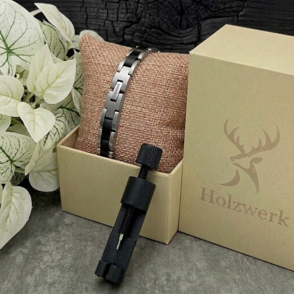 Holzwerk CARPSEE silber-schwarzes Holz Armband aus Ebony Holz und Edelstahl in Holzwerk Uhrenbox