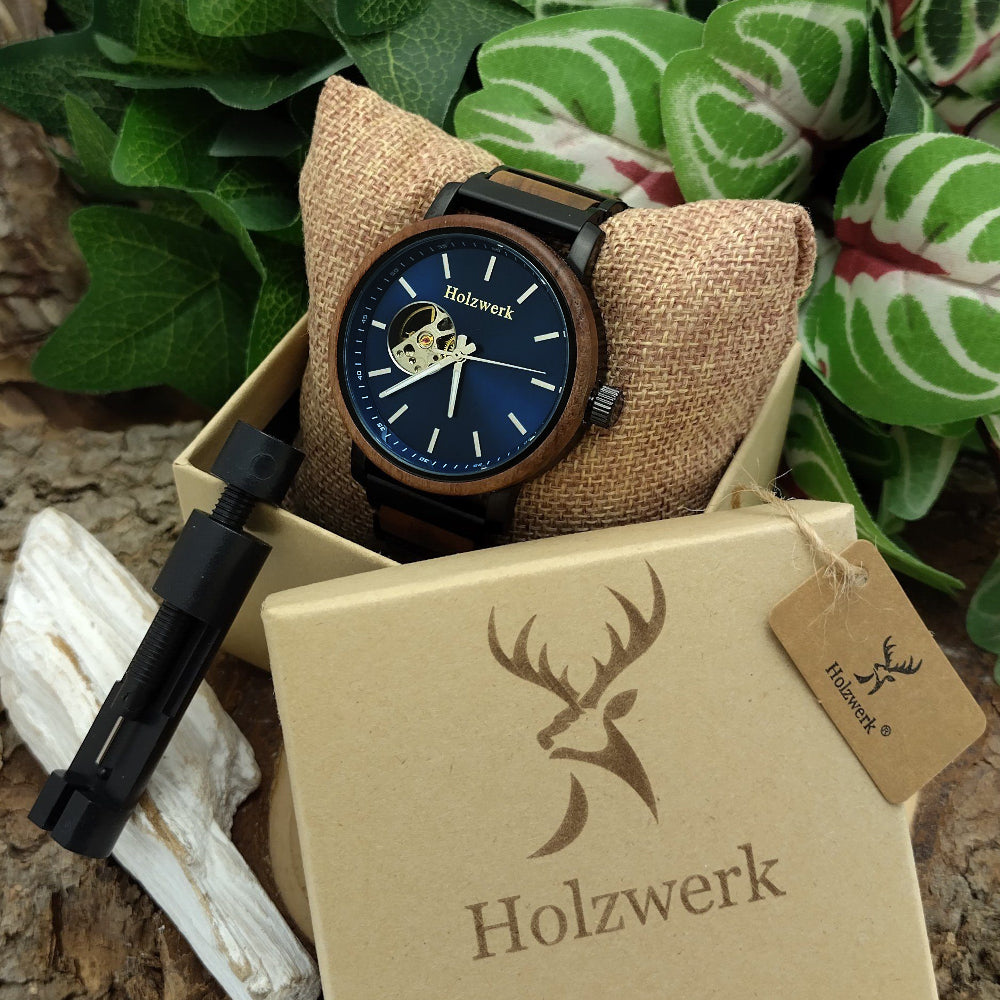 Holzwerk CLAUSTHAL Herren Automatik-Uhr mit offener Unruhe und blauem Ziffernblatt sowie Holzarmband in Holzwerk Uhrenbox