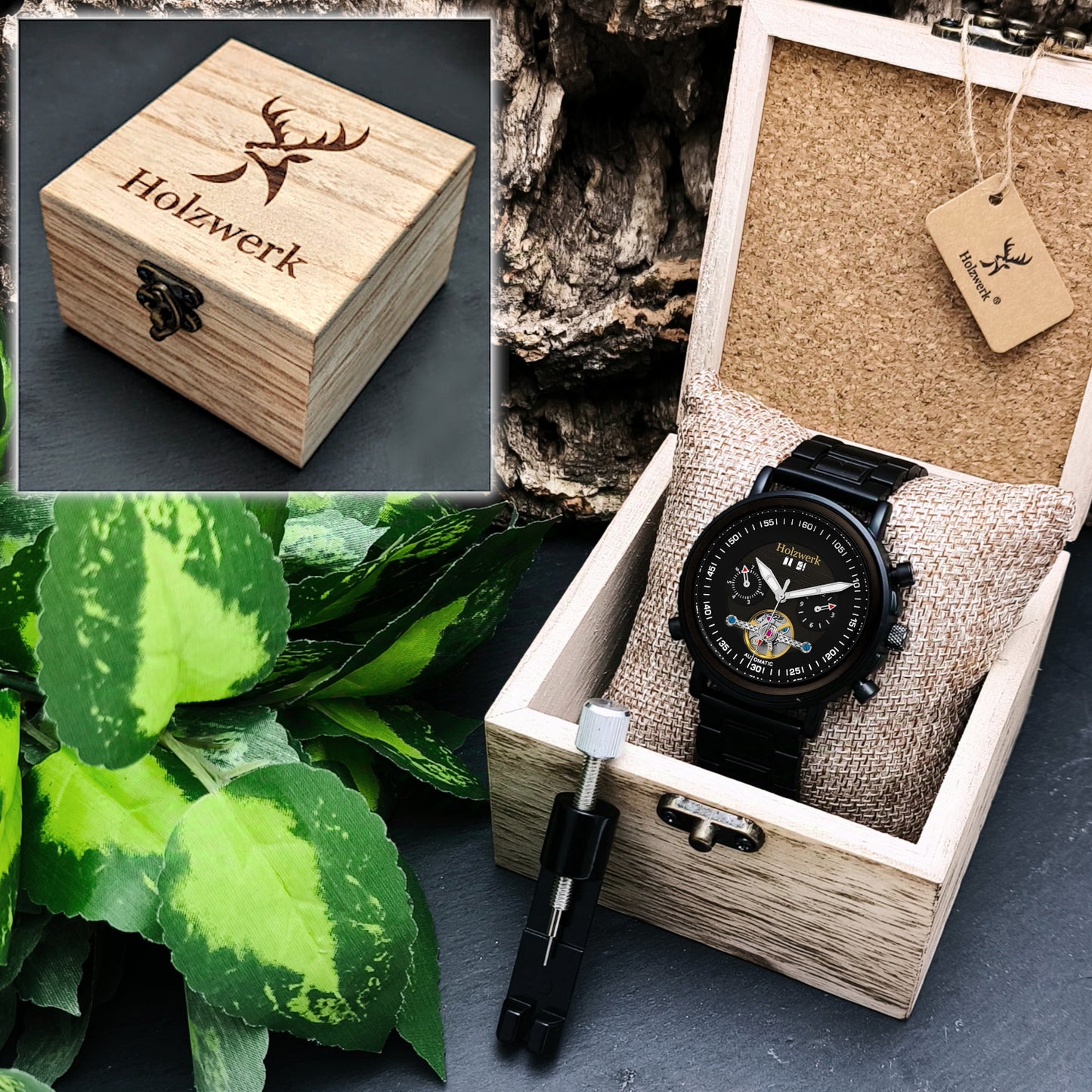 Holzwerk DARGUN Automatik-Uhr mit schwarzem Gehäuse sowie schwarzem Ziffernblatt und Datumsanzeige in Holzwerk Verpackung