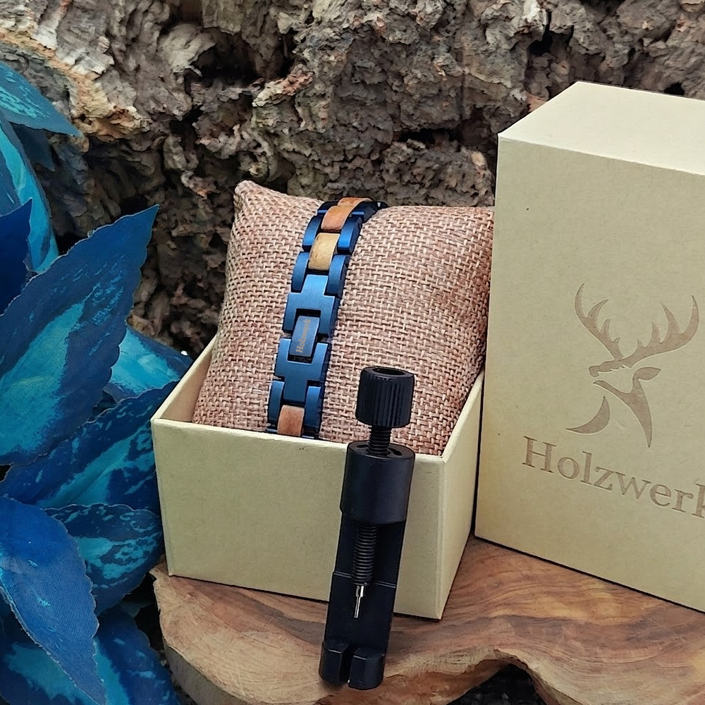 Holzwerk DIEKSEE blau-braunes Holz Armband aus Zebraholz und Edelstahl mit Gliederkonstruktion in Holzwerk Uhrenbox
