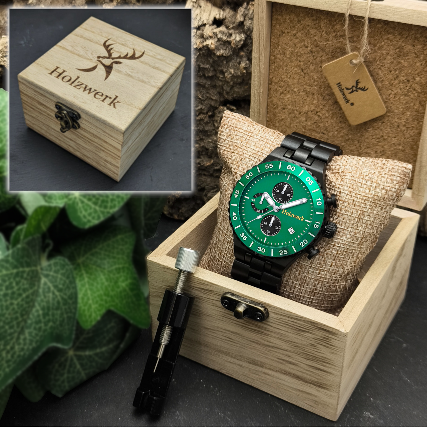 Holzwerk ELZE Chronographen-Uhr aus Ebenholz mit Chronographen und Datumsanzeige, Detailaufnahme der Holzwerk Verpackung