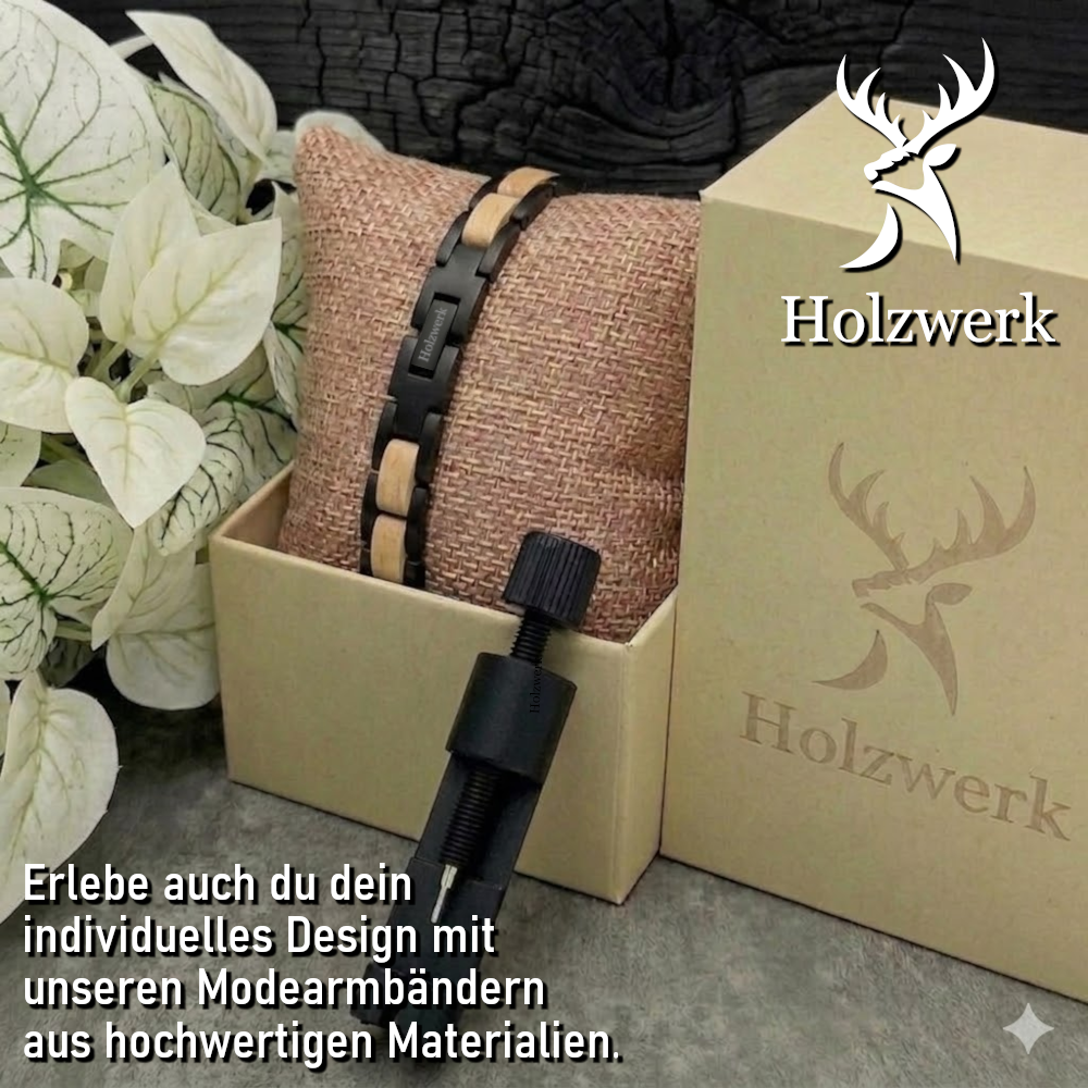 Holzwerk EMMSEE schwarz-beiges Holz Armband aus Olivenholz und Edelstahl mit Gliederkonstruktion in Holzwerk Uhrenbox