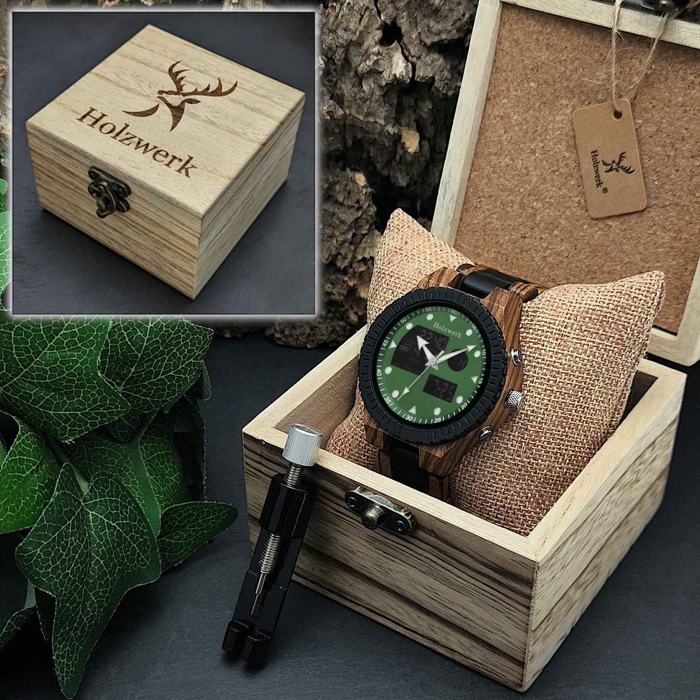 Holzwerk FILDERSTADT Holz Digital & Analog Herrenuhr mit Datum in gruen und braun in Holzwerk Uhrenbox mit Armbandkürzer