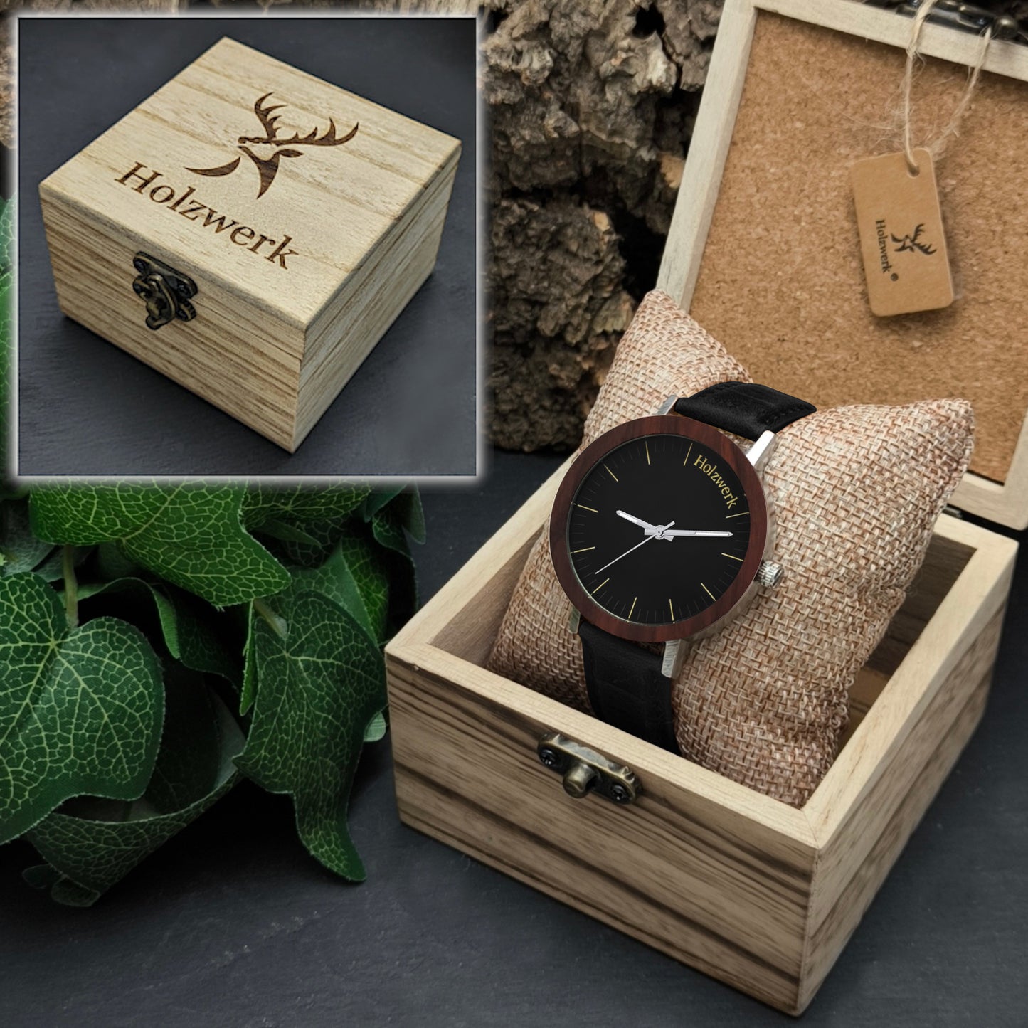 Holzwerk FULDA Uhr mit Silber und Braunem Gehäuse sowie schwarzem Ziffernblatt und Lederarmband in Holzwerk Uhrenbox