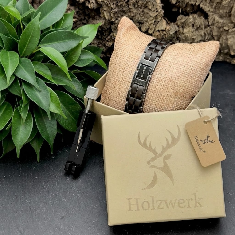 Holzwerk GAMENSEE anthrazit-graues Holz Armband aus Ebonyholz und Edelstahl in Holzwerk Uhrenbox