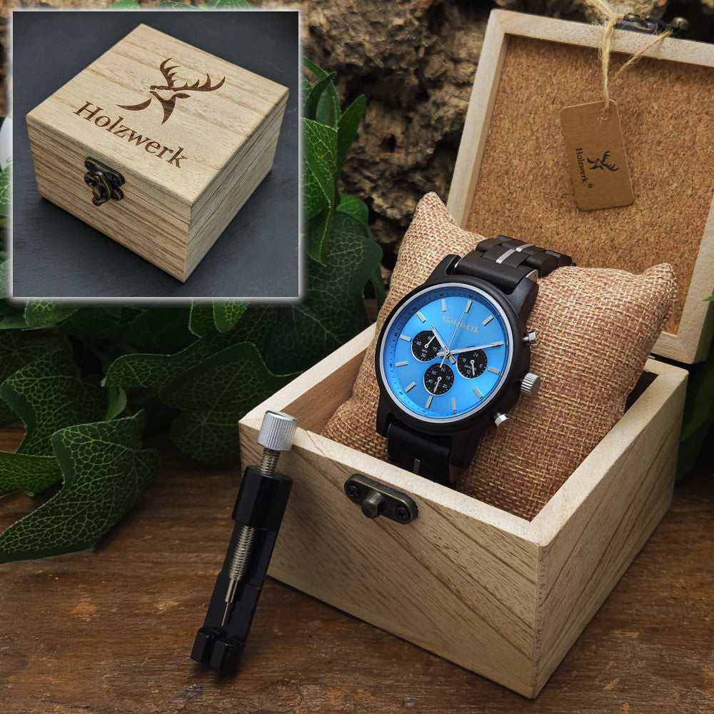 Holzwerk GERDEN Unisexuhr mit Holzgehäuse in Schwarz sowie blauem Ziffernblatt mit 3 Chronographen in Holzwerk Uhrenbox