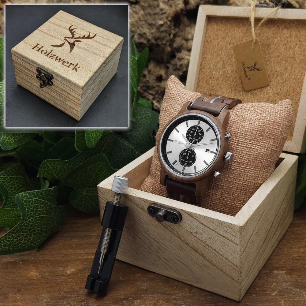 Holzwerk GRONAU Unisexuhr mit silbernem Ziffernblatt und 2 Chronographen, in Holzwerk Uhrenbox mit Armbandkürzer