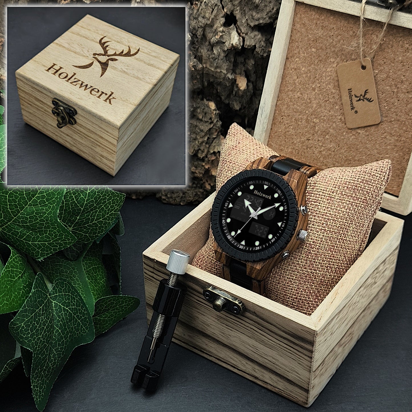 Holzwerk HALLSTADT Holz Digital & Analog Herren-Uhr mit Datum in schwarz und braun, in Holzwerk Verpackung