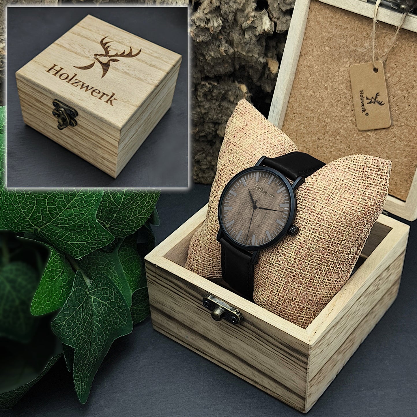 Holzwerk HAMBURG Unisex-Uhr, schwarzes Edelstahl-Gehäuse, graues Ziffernblatt und schwarzes Lederarmband in Holzwerk Verpackung