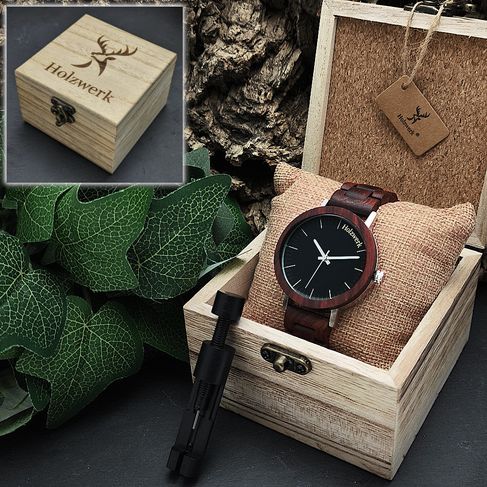 Holzwerk HAMBÜHREN Unisexuhr mit rundem Gehäuse in Silber/Braun sowie schwarzem Zifferblatt in Holzwerk Uhrenbox