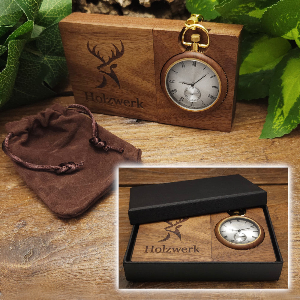 Holzwerk HANNOVER Taschenuhr mit braun-goldenem Gehäuse, römischen Ziffern und Goldkette, in Holzwerk Uhrenbox