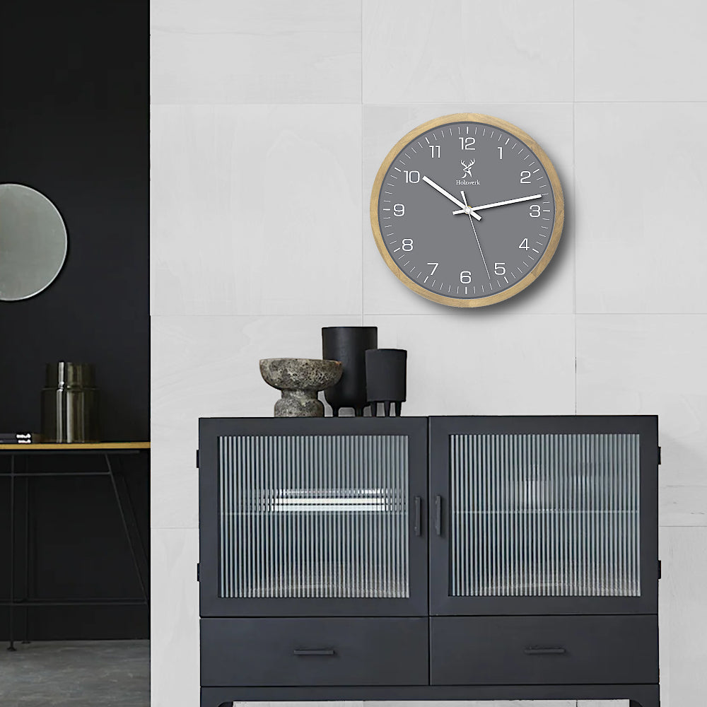 Holzwerk HARBURG Designer Holz Quarz Wanduhr ohne Tick-Geräusche in grau, 30 cm Durchmesser in grau und beige, Wandmontage