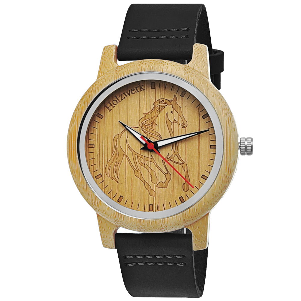 Holzwerk TORI BLACK leather & wood bracelet watch with horse motif,  black