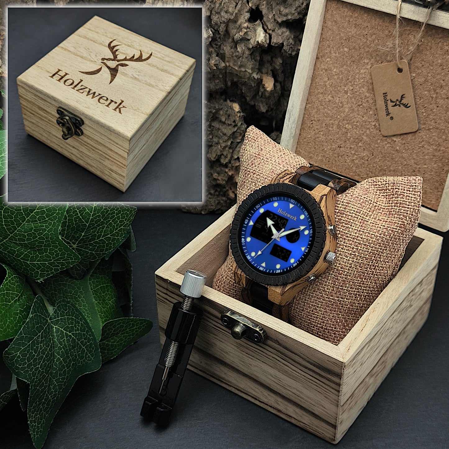 Holzwerk INGOLSTADT Herrenuhr aus Holz mit blau-schwarzem Zifferblatt, analog-digitaler Anzeige, in Holzwerk Uhrenbox