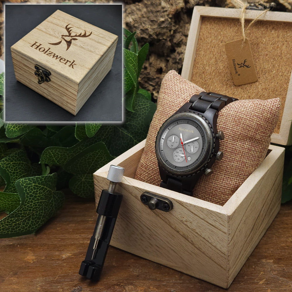 Holzwerk ISERLOHN Chronographen-Uhr aus Holz mit drei Chronographen, Datumsanzeige und grauem Zifferblatt, in Holzwerk Uhrenbox