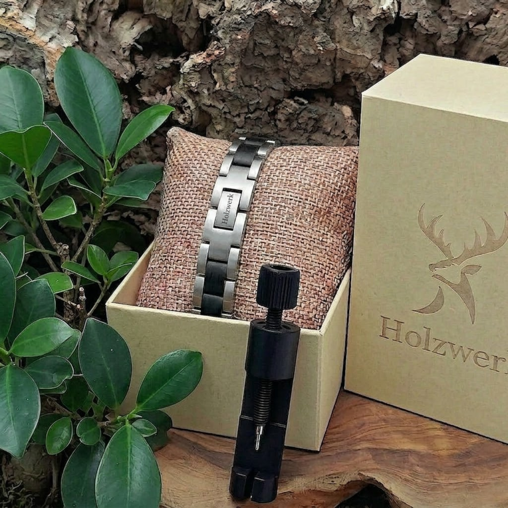 Holzwerk KALKSEE silber-schwarzes Holz Armband aus Ebonyholz und Edelstahl in Holzwerk Uhrenbox