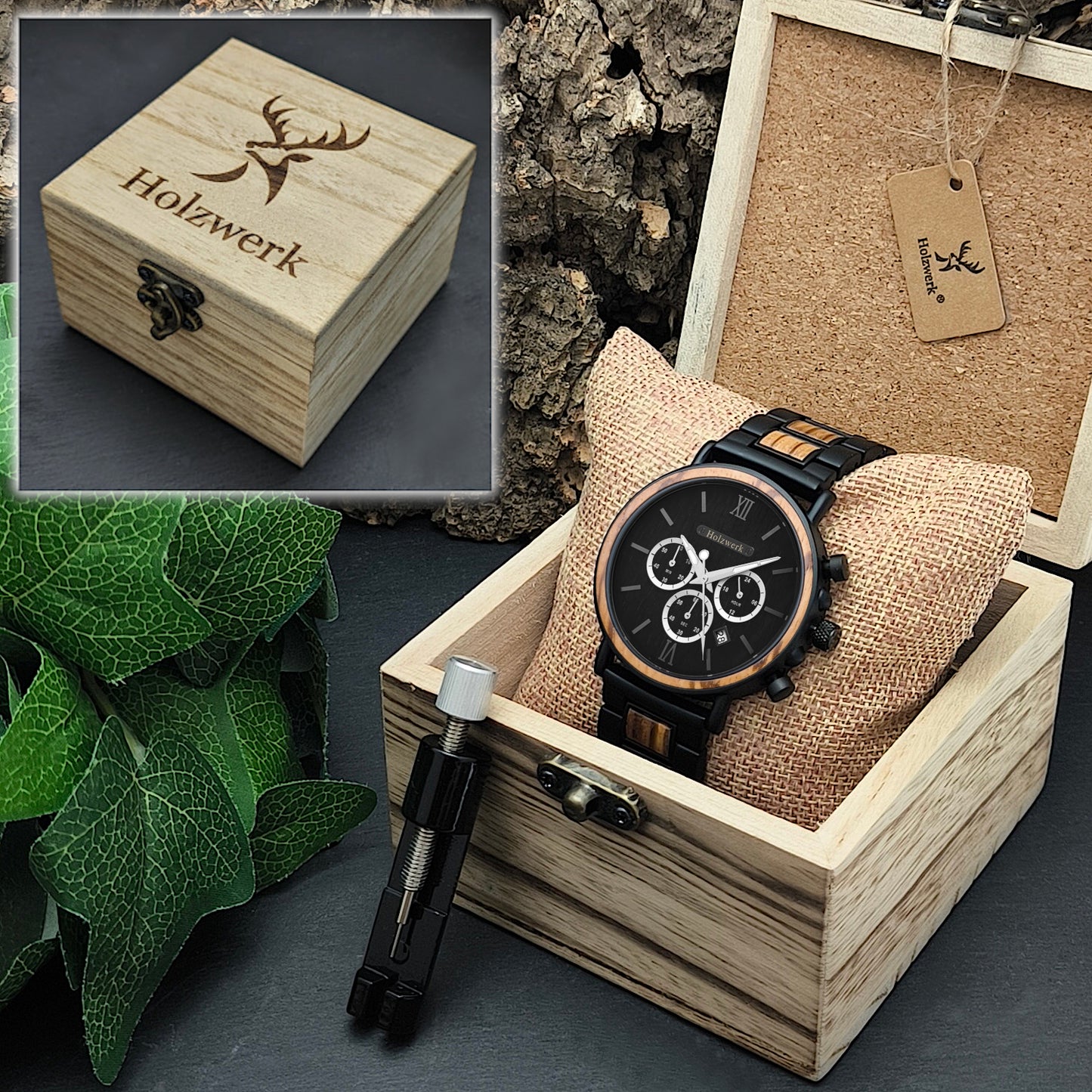 Holzwerk KERPEN Chronographen-Uhr aus Holz mit drei Chronographen und Datumsanzeige in Holzwerk Verpackung