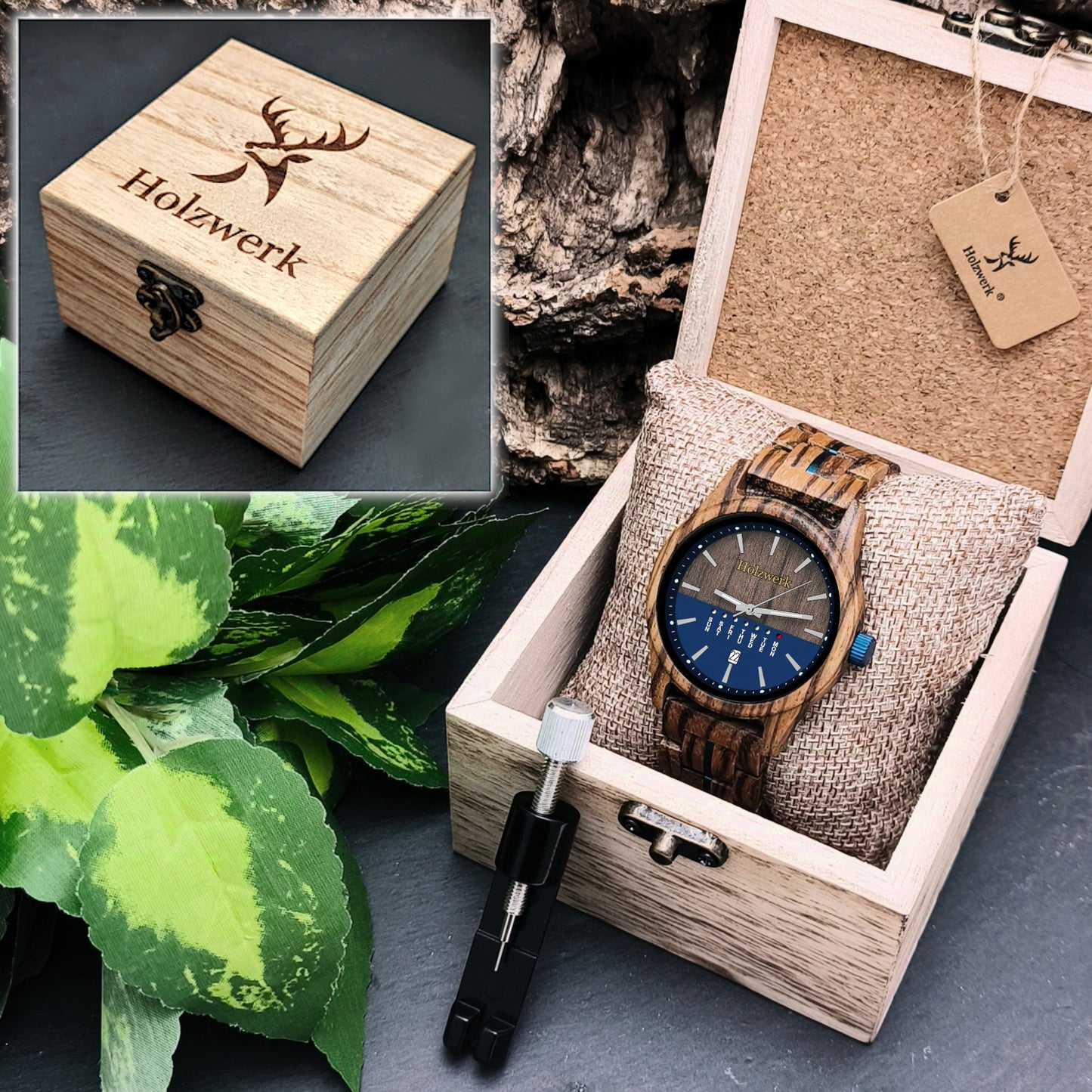 Holzwerk KIEL Unisex-Uhr aus Holz mit Datums- und Wochentagsanzeige und beige-blauem Zifferblatt in Holzwerk Verpackung