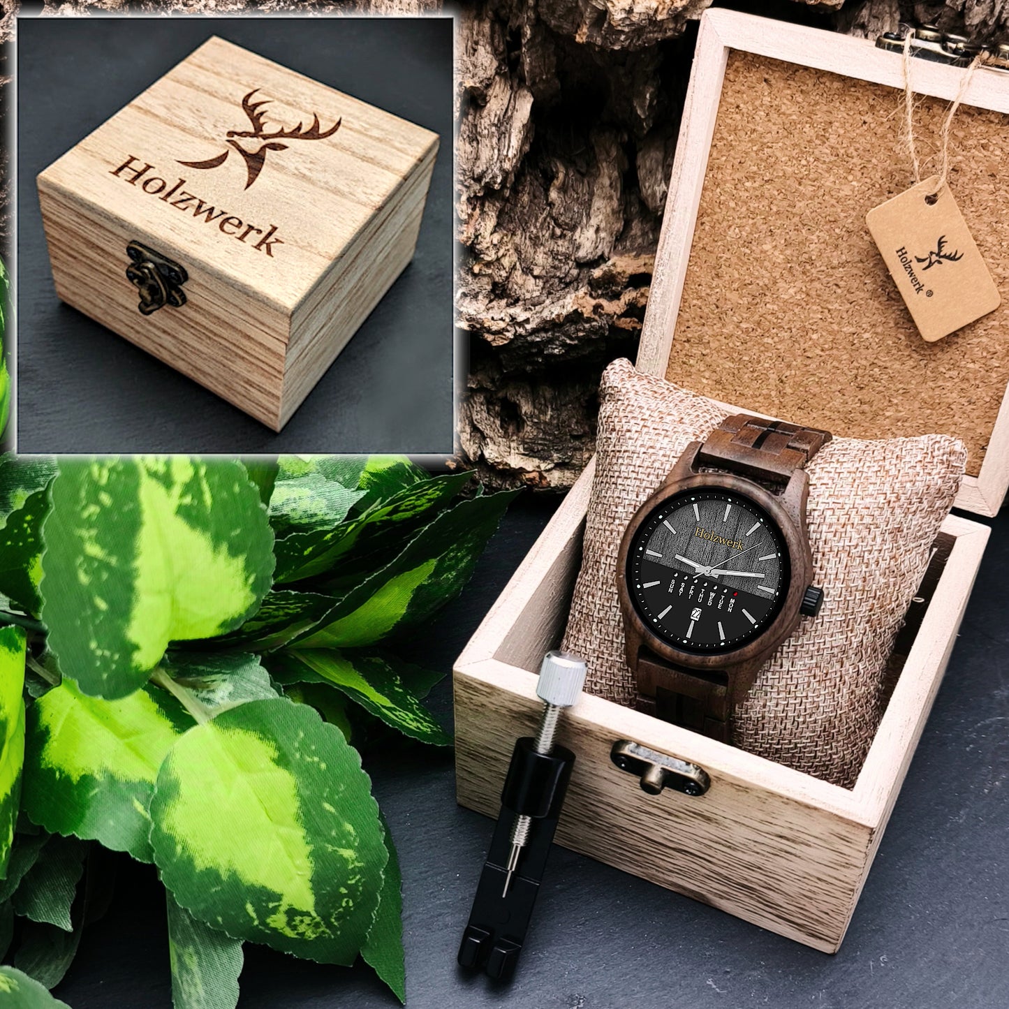 Holzwerk KÖLN Unisex-Uhr aus Holz mit Datums- und Wochentagsanzeige und grau-schwarzem Zifferblatt in Holzwerk Verpackung