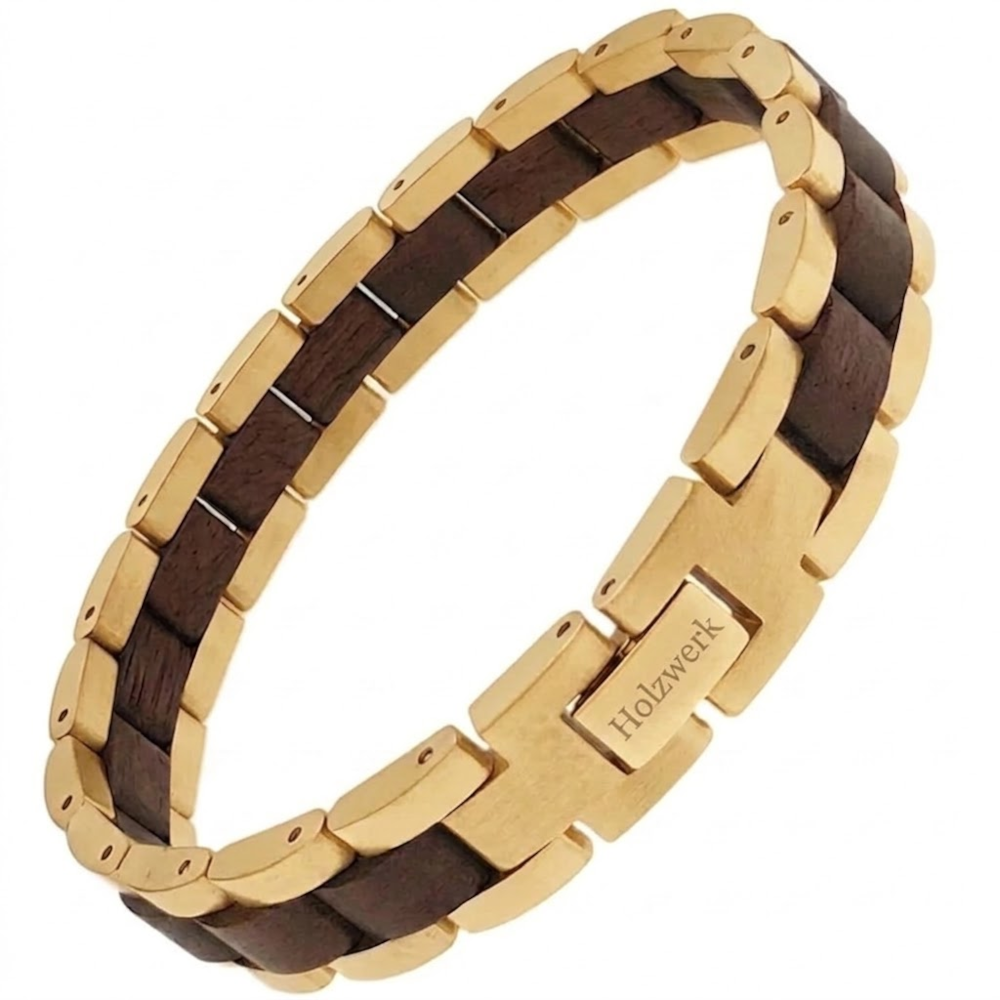 Holzwerk LEHNSEE gold-braunes Holz Armband aus Walnussholz und Edelstahl mit Gliederkonstruktion Frontansicht