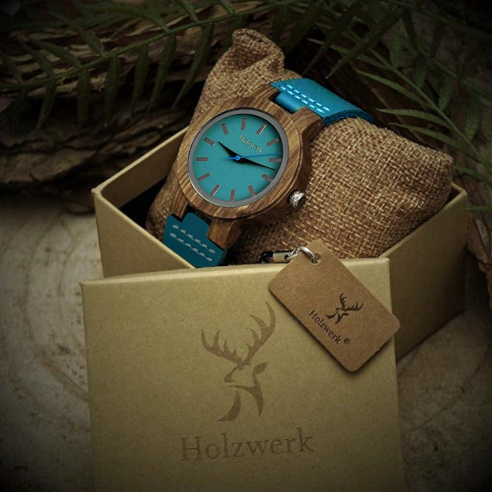 Holzwerk LIL KAHLA Damen Quarzuhr, 38 mm mit braunem Gehäuse, türkisem Ziffernblatt und türkisem Lederarmband in Holzwerk Verpackung