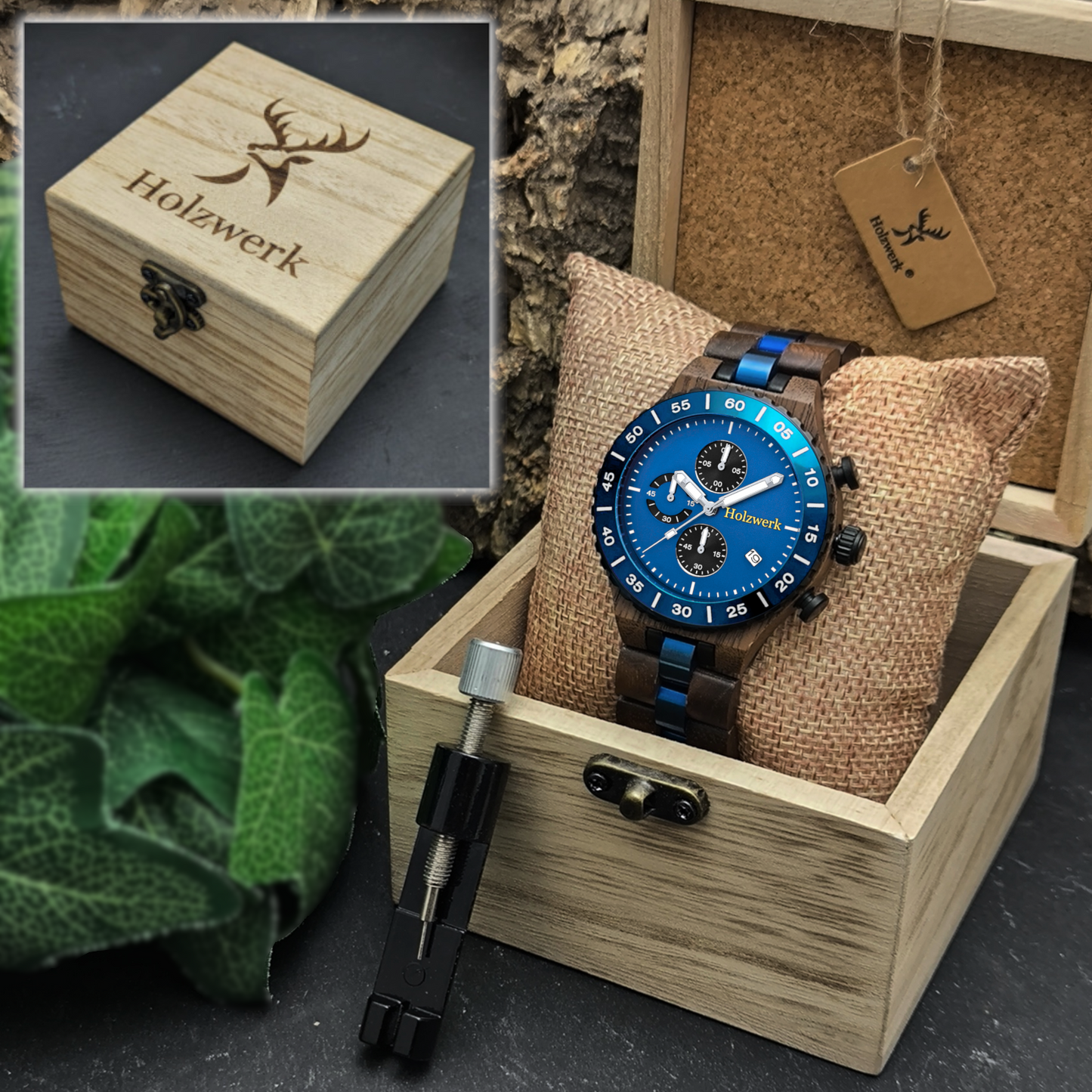 Holzwerk LOHMAR Chronographen-Uhr aus Walnuss-Holz mit Chronographen und Datumsanzeige, Detailansicht der Holzwerk Verpackung