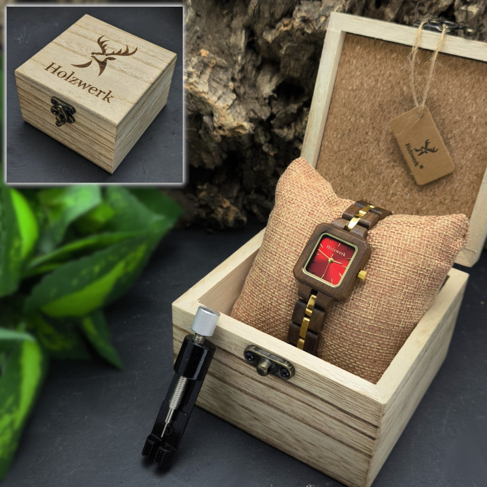 Holzwerk MAINZ Damenuhr mit eckigem 33 mm Holzgehäuse in Braun sowie rot-goldenem Ziffernblatt und Holzarmband in Holzwerk Uhrenbox