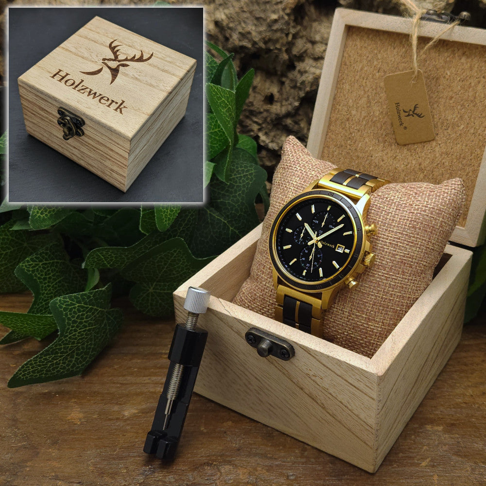 Holzwerk NAGOLD Unisex-Chronographenuhr mit schwarz-goldenem Zifferblatt mit Datum in Holzwerk Uhrenbox