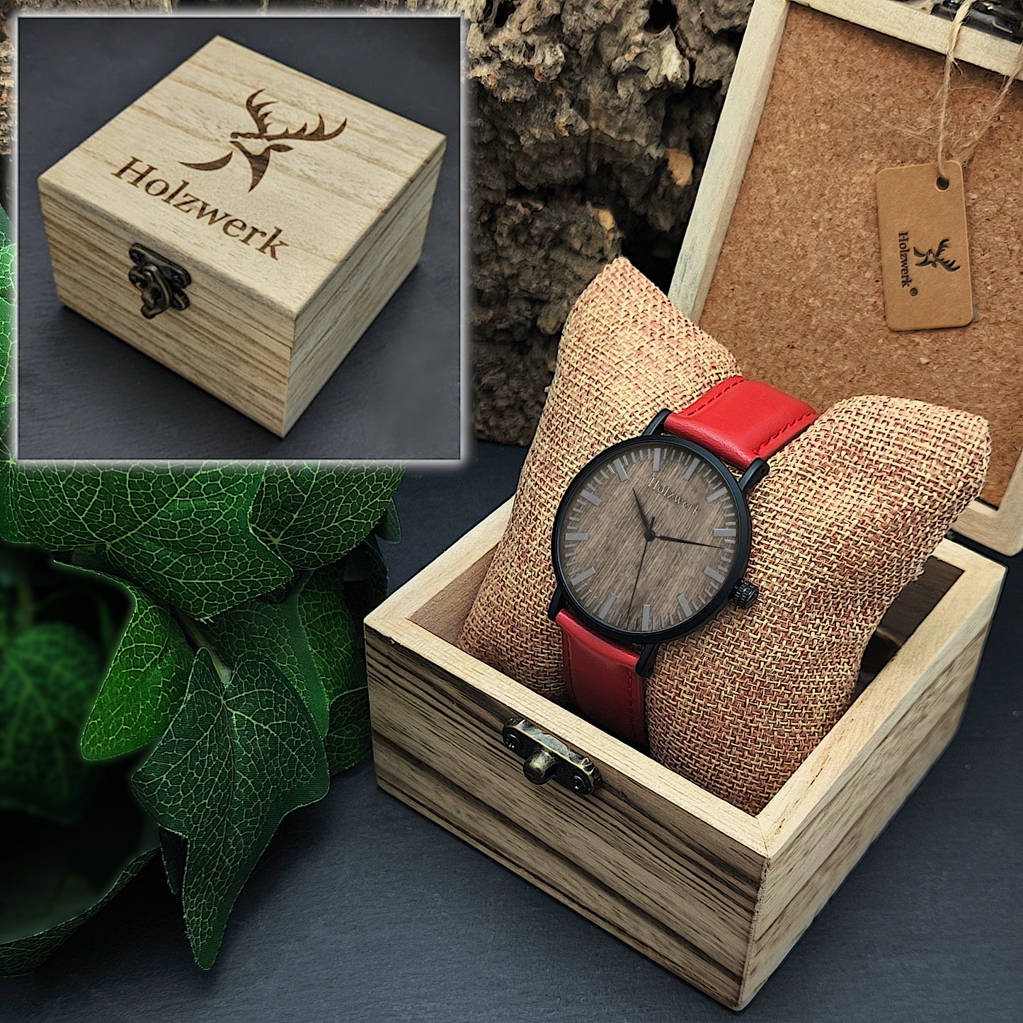 Holzwerk NAUEN flache Unisex Uhr aus Holz mit rotem Lederarmband und beigem Ziffernblatt in Holzwerk Verpackung