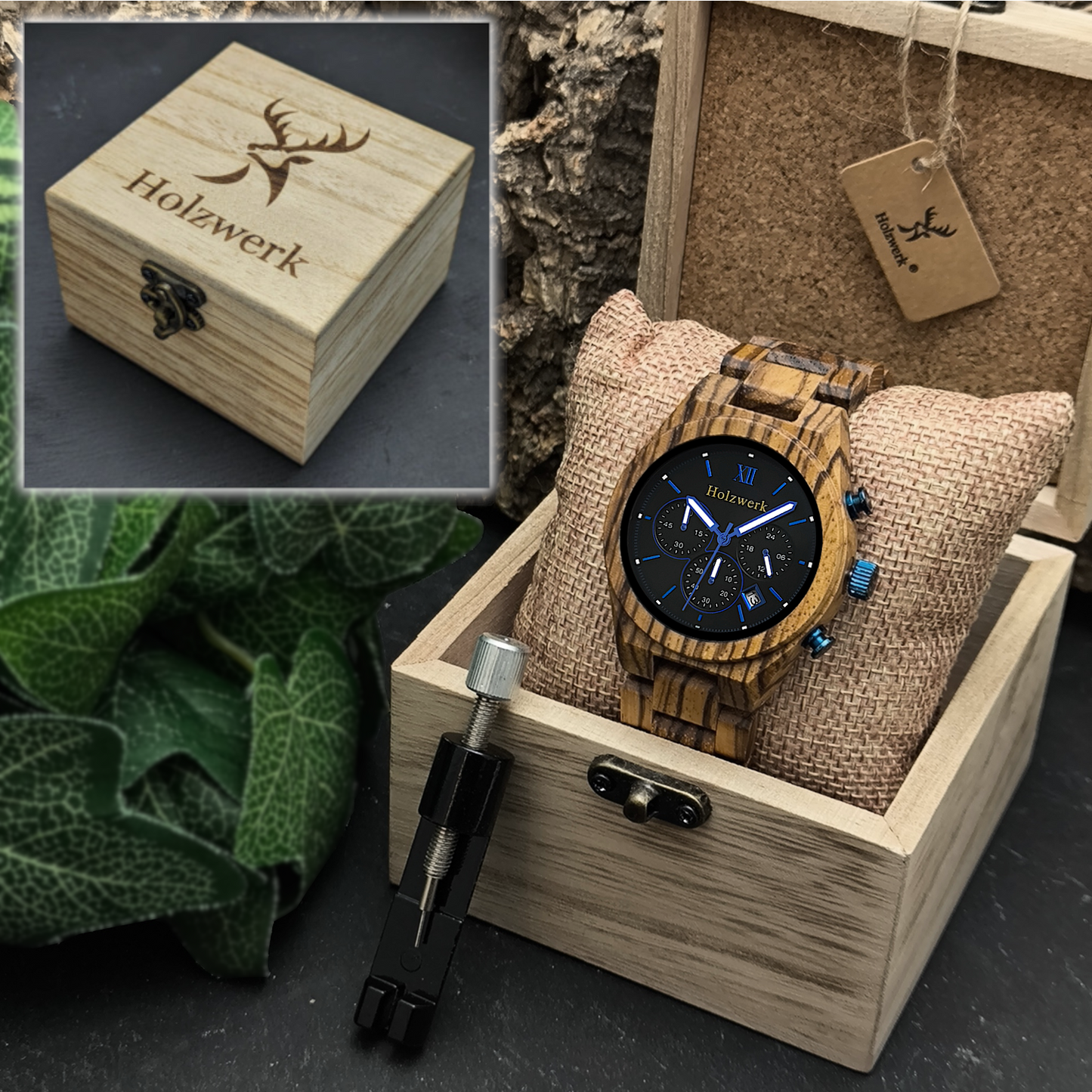 Holzwerk RHEINE Chronographen-Uhr aus Zebra-Holz mit drei Chronographen, Datumsanzeige und Holzarmband in Holzwerk Verpackung