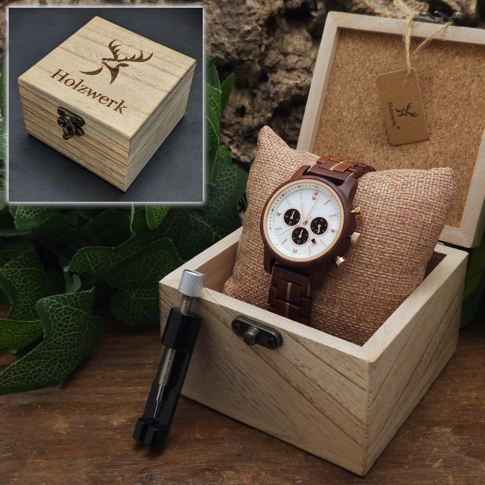 Holzwerk ROSENAU Damenuhr mit Roségold und weißem Zifferblatt sowie drei Chronographen, Datum und braunem Holzarmband in Holzwerk Uhrenbox